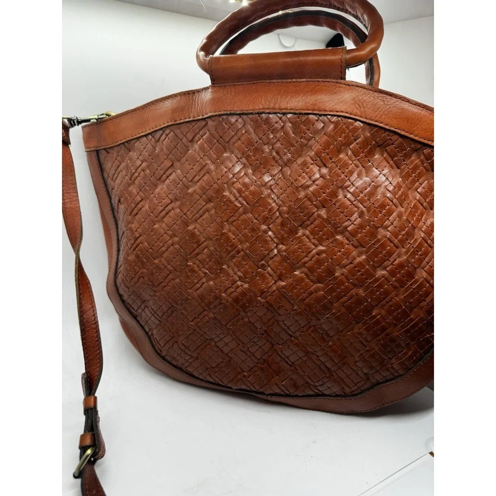 Patricia Nash Woven Leather Oliena Satchel Handbag Purse Cognac EUC PT3